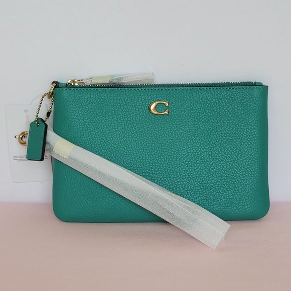 COACH Small Wristlet in Polished Pebbled Leather -Bright Green Color - Picture 1 of 16